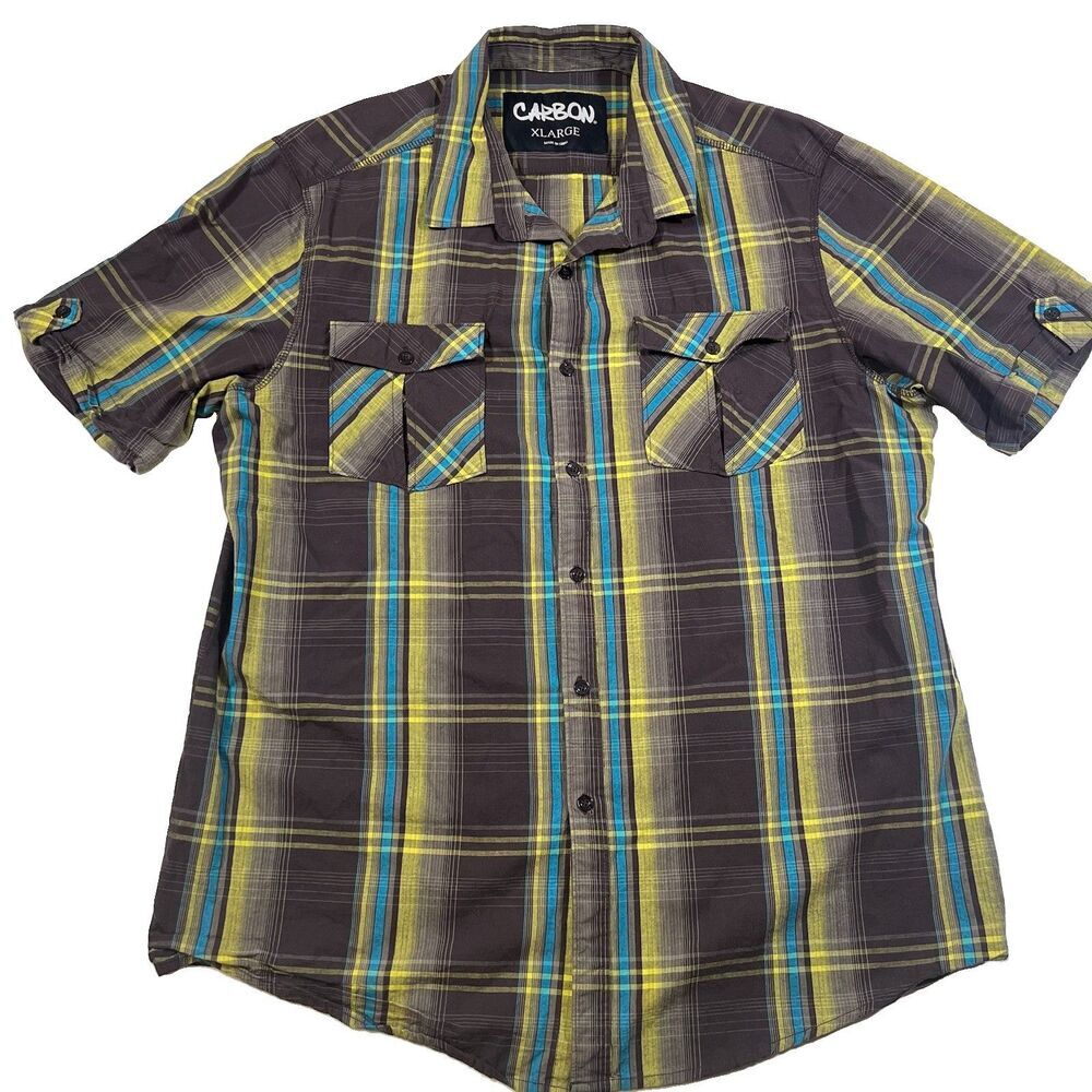 Carbon Ombre Plaid Button Up Short Sleeve Shirt Blue Yellow Cotton Men's XL